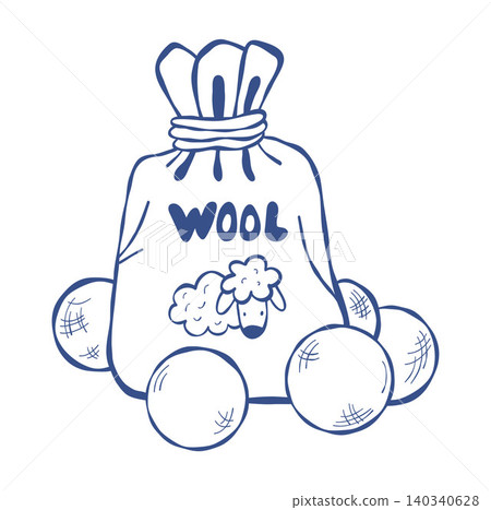 Wool Dryer Ball Packaging with Sheep Mascot. Eco-Friendly Sustainable Laundry Care Kit. Minimalist Outline Blue Hand Drawn. Vector Illustration. 140340628