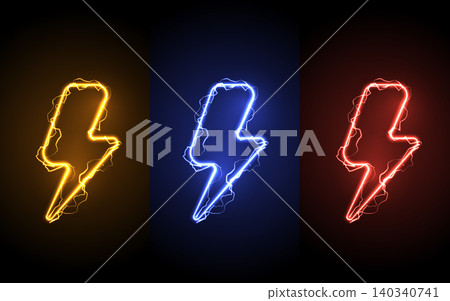 Neon lightning bolt icons set with electric discharge effect. Colorful purple, green, and red glow thunderbolt symbols on black background. Energy, power, and flash battery charging concept vector. Neon lightning bolt icons set with electric discharge effect. Colorful purple, green, and red glow thunderbolt symbols on black background. Energy, power, and flash battery charging concept vector. 140340741