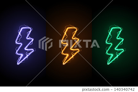 Neon lightning bolt icons set with electric discharge effect. Colorful purple, green, and red glow thunderbolt symbols on black background. Energy, power, and flash battery charging concept vector. 140340742