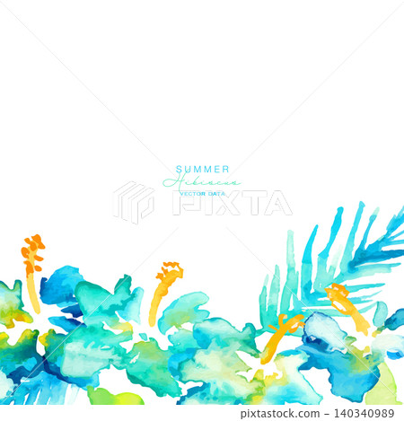 水彩植物畫框,飾以藍色芙蓉花和棕櫚葉 水彩植物畫框,飾以藍色芙蓉花和棕櫚葉 140340989