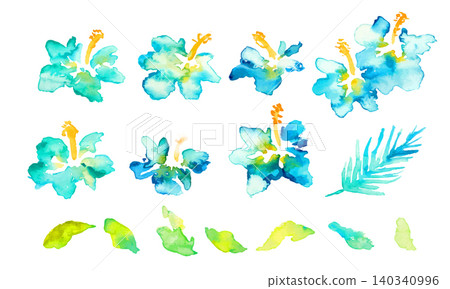Watercolor botanical frame with blue hibiscus and palm leaves 140340996