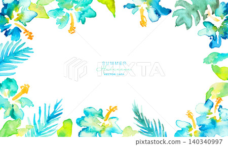 Watercolor botanical frame with blue hibiscus and palm leaves Watercolor botanical frame with blue hibiscus and palm leaves 140340997