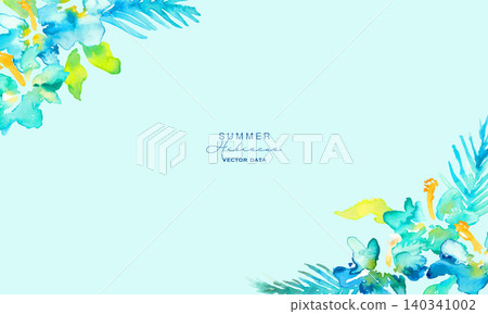 水彩植物畫框，飾以藍色芙蓉花和棕櫚葉 140341002