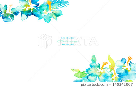 Watercolor botanical frame with blue hibiscus and palm leaves Watercolor botanical frame with blue hibiscus and palm leaves 140341007