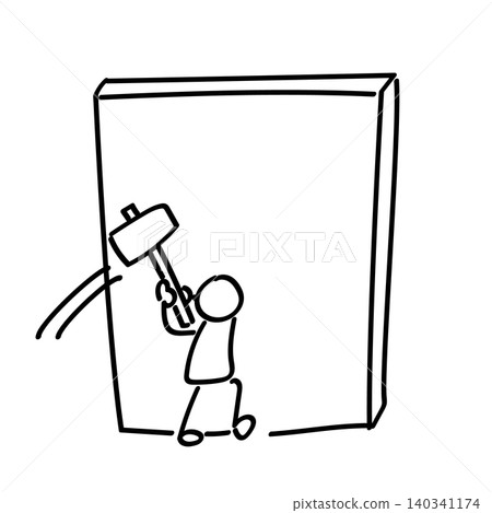 An illustration of a stick figure breaking down a wall with a hammer. An illustration of a stick figure breaking down a wall with a hammer. 140341174