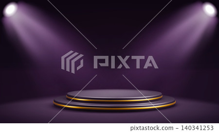 Round podium stage with neon blue spotlight beams Round podium stage with neon blue spotlight beams 140341253