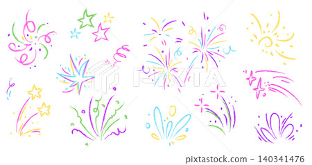 Crayon doodle fireworkswith color bursts, stars Crayon doodle fireworkswith color bursts, stars 140341476
