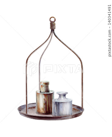 Vintage scale pan with two metal weights watercolor illustration. Isolated retro laboratory object for antique store logo, law justice symbol, alchemy experiment history and science design Vintage scale pan with two metal weights watercolor illustration. Isolated retro laboratory object for antique store logo, law justice symbol, alchemy experiment history and science design 140341491