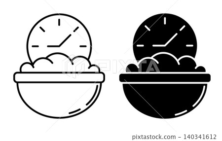 Linear icon. Bowl of oatmeal and a clock showing breakfast time. Simple black and white vector symbol isolated on white background Linear icon. Bowl of oatmeal and a clock showing breakfast time. Simple black and white vector symbol isolated on white background 140341612