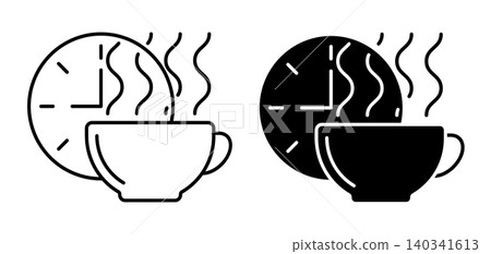 Linear icon. Clock showing morning time and hot cup of tea. Simple black and white vector symbol isolated on white background 140341613