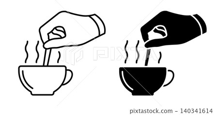 Linear icon. Man hand stirs coffee with teaspoon in cup of hot water. Simple black and white vector symbol isolated on white background Linear icon. Man hand stirs coffee with teaspoon in cup of hot water. Simple black and white vector symbol isolated on white background 140341614