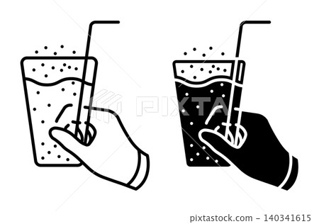 Linear icon. Person hand holds transparent glass with cool carbonated drink and drinking straw. Simple black and white vector symbol isolated on white background Linear icon. Person hand holds transparent glass with cool carbonated drink and drinking straw. Simple black and white vector symbol isolated on white background 140341615