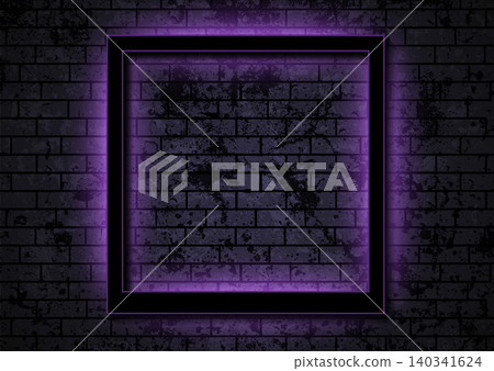 Black square frame on dark brick wall with violet luminous neon lights Black square frame on dark brick wall with violet luminous neon lights 140341624