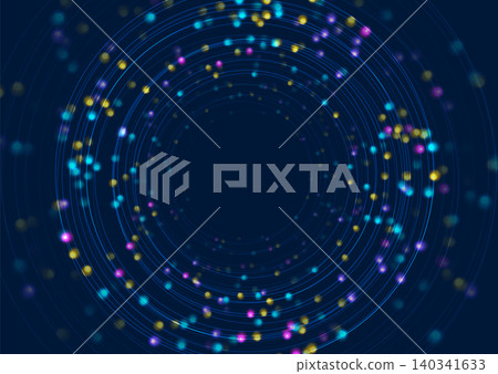 Abstract glowing data circles and particles forming a neural network on dark blue background 140341633