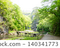 A bridge spanning a valley surrounded by fresh greenery. 140341773