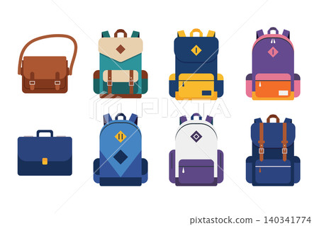 Set of childish school backpacks. Colorful school backpack collection. Set of childish school backpacks. Colorful school backpack collection. 140341774
