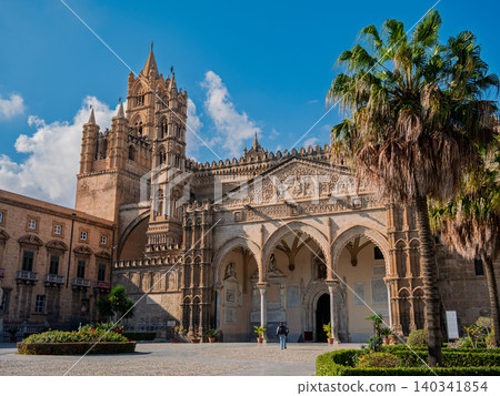 Palermo Cathedral Gothic facade with palm tree in Sicily, Italy 140341854