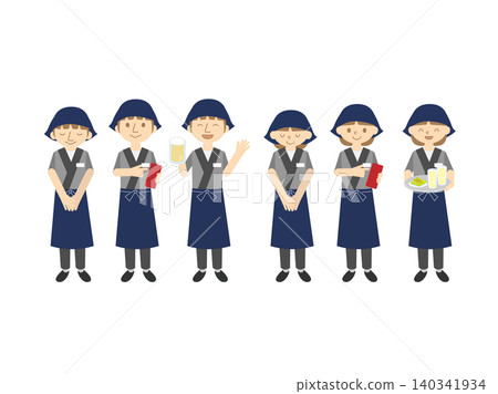 A set of six male and female izakaya (Japanese pub) staff members, posing in multiple ways. A set of six male and female izakaya (Japanese pub) staff members, posing in multiple ways. 140341934