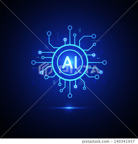 Artificial intelligence AI logo icon on blue glowing circuit board background for technology and digital brain concept. 140341937