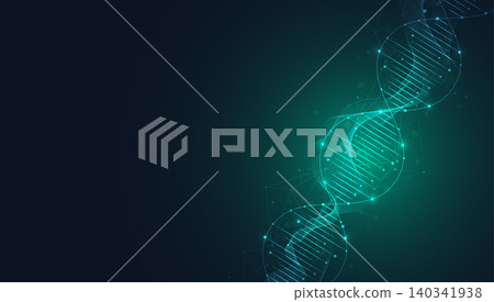 Abstract glowing DNA double helix structure with futuristic digital network node background for science and biotechnology concept. Abstract glowing DNA double helix structure with futuristic digital network node background for science and biotechnology concept. 140341938