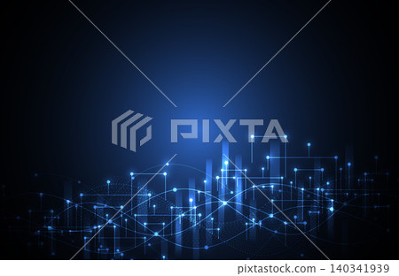 Abstract glowing blue digital network connection with financial graph bars and wave lines background for technology and big data concept. Abstract glowing blue digital network connection with financial graph bars and wave lines background for technology and big data concept. 140341939
