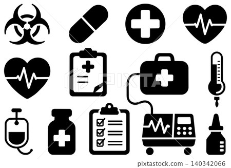 Medical icons including biohazard symbol capsule cross heart and thermometer Medical icons including biohazard symbol capsule cross heart and thermometer 140342066