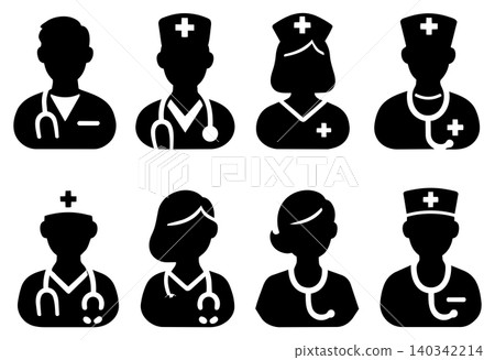 Silhouettes of doctors and nurses wearing medical uniforms isolated on white background set Silhouettes of doctors and nurses wearing medical uniforms isolated on white background set 140342214