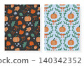 Set of two hand drawn seamless autumn patterns featuring pumpkins, oak leaves, acorns, orange bows and wildflowers on dark charcoal and soft blue backgrounds, fall harvest thanksgiving vector design 140342352