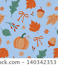 Seamless autumn pattern with hand drawn pumpkin, maple and oak leaves, acorns, ribbons and flowers on soft blue background. Cute cozy flat vector textile design for fabric, wrapping paper and seasonal 140342353