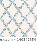 Elegant seamless floral trellis pattern with blue forget-me-not flowers and sage green leaves forming ogee diamond lattice on cream background. Perfect for fabric, wallpaper, textile and home decor. 140342354