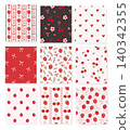 Collection of nine seamless feminine patterns with strawberries, cherries, raspberries, ribbon bows, hearts and flowers in red, pink and dark chocolate. Perfect for fabric, textile and packaging. 140342355