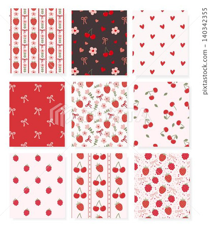 Collection of nine seamless feminine patterns with strawberries, cherries, raspberries, ribbon bows, hearts and flowers in red, pink and dark chocolate. Perfect for fabric, textile and packaging. Collection of nine seamless feminine patterns with strawberries, cherries, raspberries, ribbon bows, hearts and flowers in red, pink and dark chocolate. Perfect for fabric, textile and packaging. 140342355