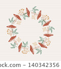 Botanical wreath with mushrooms, leaves, and branches on soft beige background. Rustic woodland frame for invitation, greeting card, poster, packaging, and autumn nature design. 140342356