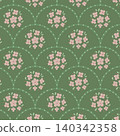 Seamless floral pattern in vintage green fan arches with soft pastel blossoms, dotted accents and folk inspired decor, ideal for wrapping paper, textile, wallpaper, stationery and spring design. 140342358