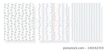 Seamless shabby chic floral pattern set with delicate vines, stripes and pastel bows in soft blue and pink, ideal for wrapping paper, textile, wallpaper, scrapbook and feminine decor. Seamless shabby chic floral pattern set with delicate vines, stripes and pastel bows in soft blue and pink, ideal for wrapping paper, textile, wallpaper, scrapbook and feminine decor. 140342359