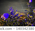A flower garden at night, roses bathed in light. 140342380