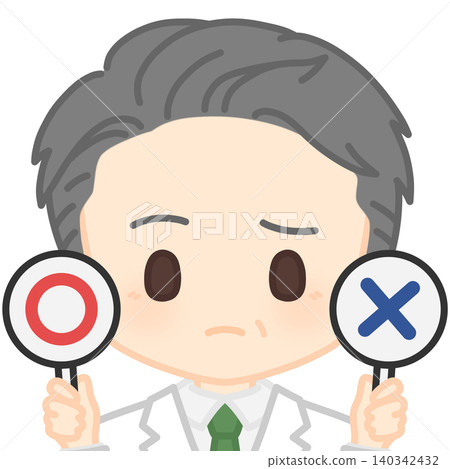 一名身穿白大褂的男子舉著標示正確或錯誤的牌子。 一名身穿白大褂的男子舉著標示正確或錯誤的牌子。 140342432