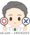 A man in a white coat holding signs indicating correct or incorrect. 140342433