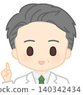 A man in a white coat holding up his index finger 140342434