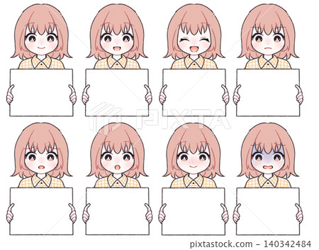 [8 facial expressions] Illustration set of a girl holding a white plate B 140342484