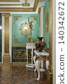 Luxurious Ornate Neoclassical Interior With Gold Chandeliers, Marble Statue, Antique Vase and Parquet Floor. 3d 140342672