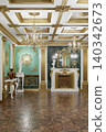 Luxurious Palace Interior With Marble Fireplace, Gold Decor, Antique Statues and Ornate Parquet Floor. 3d render 140342673