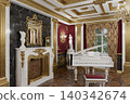 Luxurious Baroque Palace Interior With White Grand Piano, Gilded Decorations and Marble Fireplace.3d render 140342674