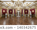 Opulent Gold And Red Ballroom Interior With Chandeliers, Parquet Floor, Classical Columns And Statues. 3d render 140342675
