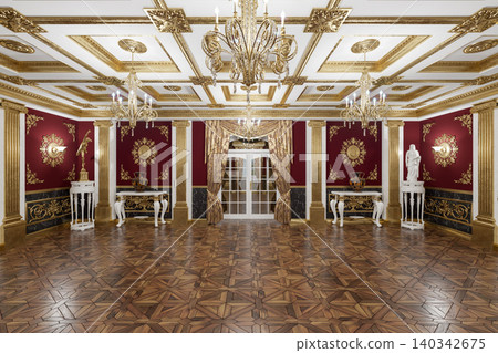 Opulent Gold And Red Ballroom Interior With Chandeliers, Parquet Floor, Classical Columns And Statues. 3d render Opulent Gold And Red Ballroom Interior With Chandeliers, Parquet Floor, Classical Columns And Statues. 3d render 140342675