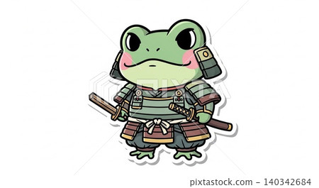 Cute green frog samurai warrior in traditional armor with katana swords japanese tradition character illustration adorable historical detailed strength 140342684