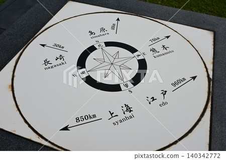 富岡城遺址上有一尊獨特的羅盤玫瑰,上面刻有江戶(東京)和上海的距離和方向。 富岡城遺址上有一尊獨特的羅盤玫瑰,上面刻有江戶(東京)和上海的距離和方向。 140342772