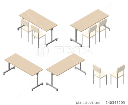 Isometric illustration set of long tables and chairs for conference rooms and classrooms. 140343203