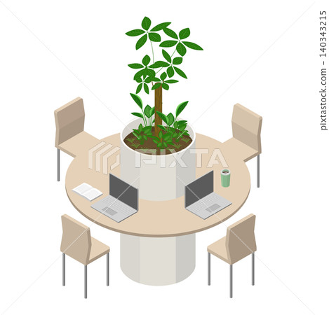 A circular office desk and chair with greenery in the center. A circular office desk and chair with greenery in the center. 140343215