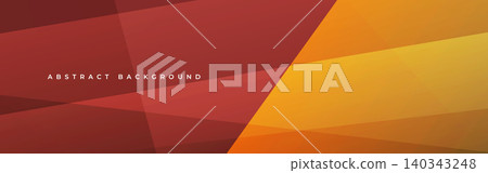 Abstract red and orange wide geometric banner. Layered abstract background with translucent angular shapes in red, burgundy, orange, and yellow tones. The design features smooth diagonal bands 140343248
